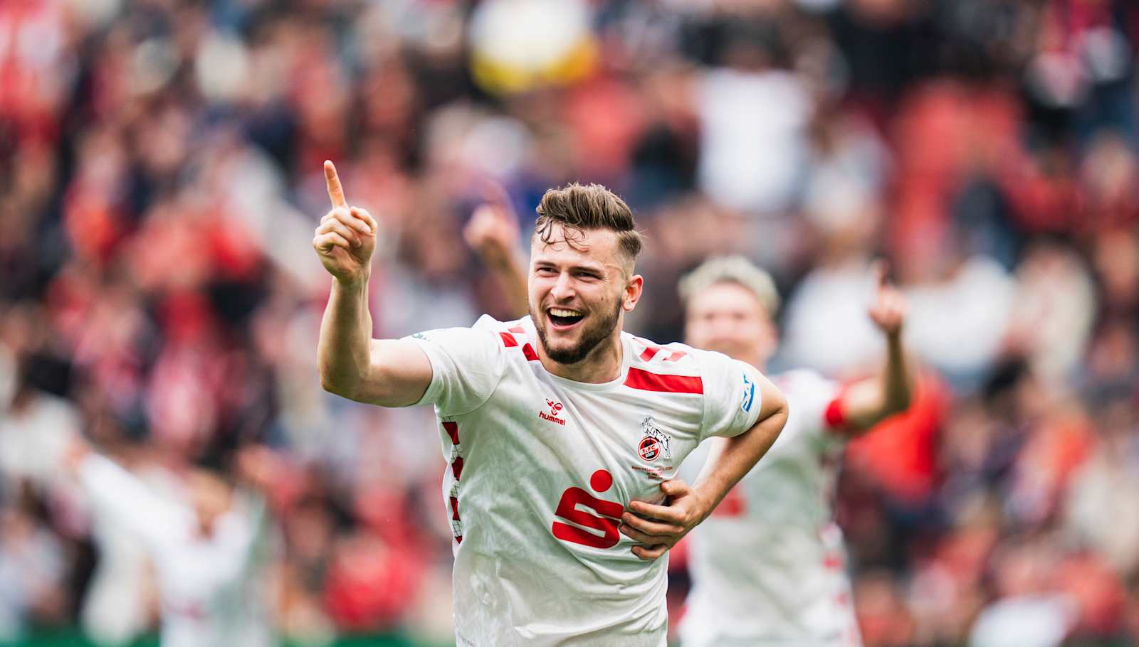 LEVERKUSEN, GERMANY - MAY 18: Luis Stapelmann of 1. FC Koeln celebrates after scoring his team's fifth goal during the U19 DFB Youth League Final between Bayer 04 Leverkusen U19 and 1. FC Köln U19 at BayArena on May 18, 2025 in Leverkusen, Germany. (Photo by Fabio Deinert/Getty Images for DFB)