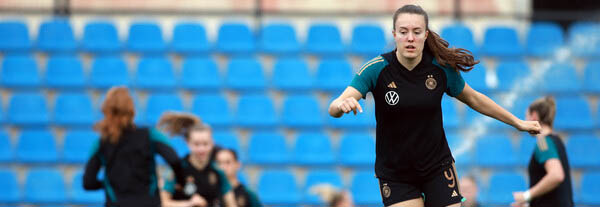 ALICANTE, SPAIN - FEBRUARY 22: Mara Alber of Germany warms up prior to the U20 Women's Spain v U20 Women's Germany - International Friendly match on February 22, 2024 in Alicante, Spain. (Photo by Johannes Simon/Getty Images for DFB)