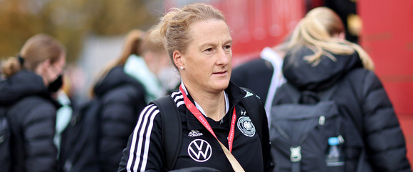 MUENSTER, GERMANY - NOVEMBER 17: Melanie Behringer, assistant coach looks on prior to the International friendly match between U16 Girls Germany and U16 Girls Norway at Preussenstadion on November 17, 2022 in Muenster, Germany. (Photo by Christof Koepsel/Getty Images for DFB)