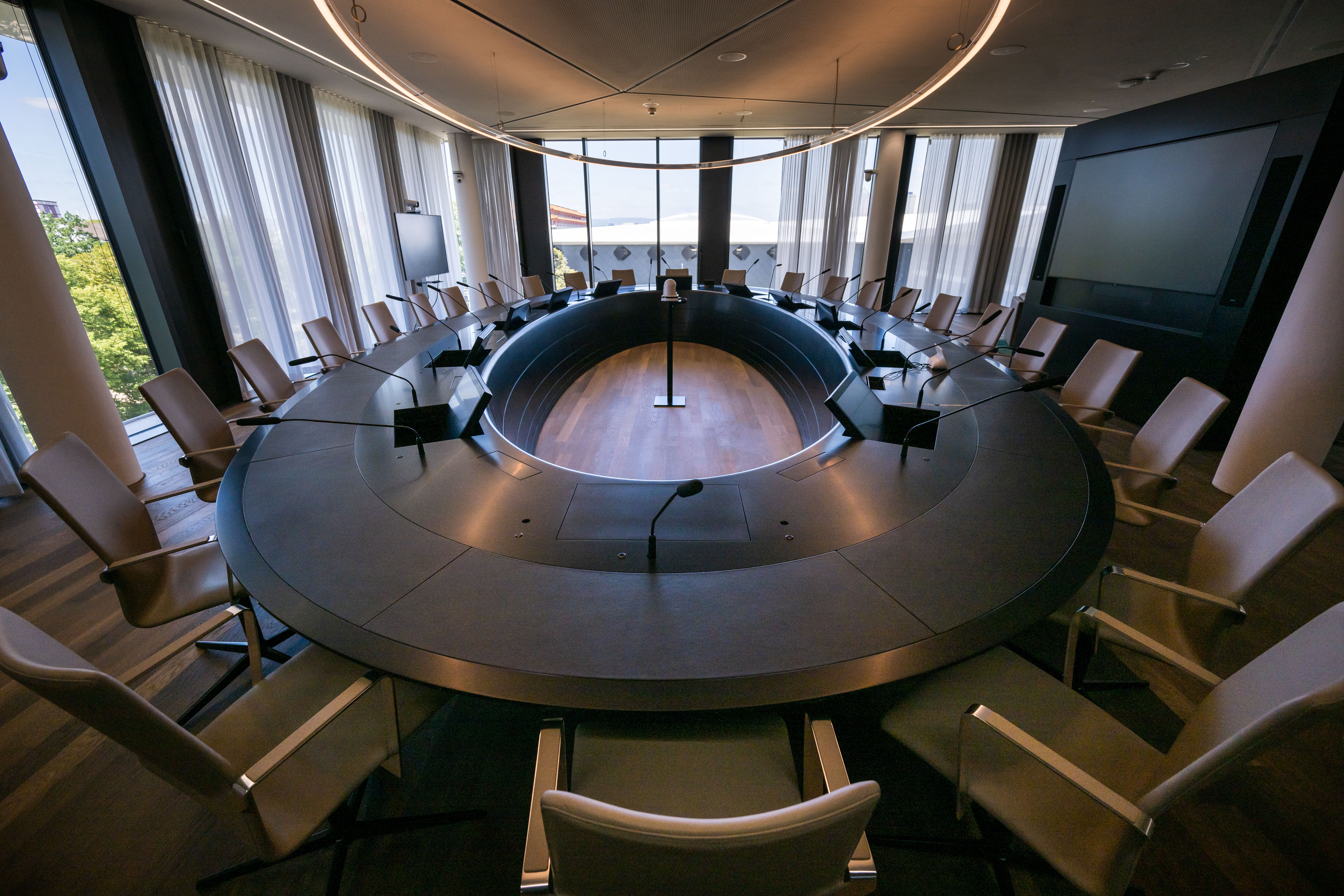 FRANKFURT AM MAIN, GERMANY - JULY 08: A general view of a conference room at the DFB-Campus, headquarter of the German Football Association and home of the DFB Academy, on July 08, 2022 in Frankfurt am Main, Germany. (Photo by Thomas Lohnes/Getty Images)