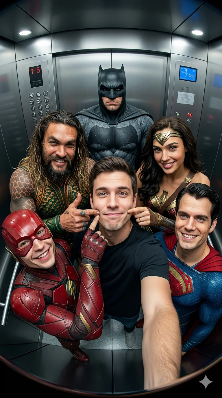 Elevator Legends — Fisheye Selfie with Justice League