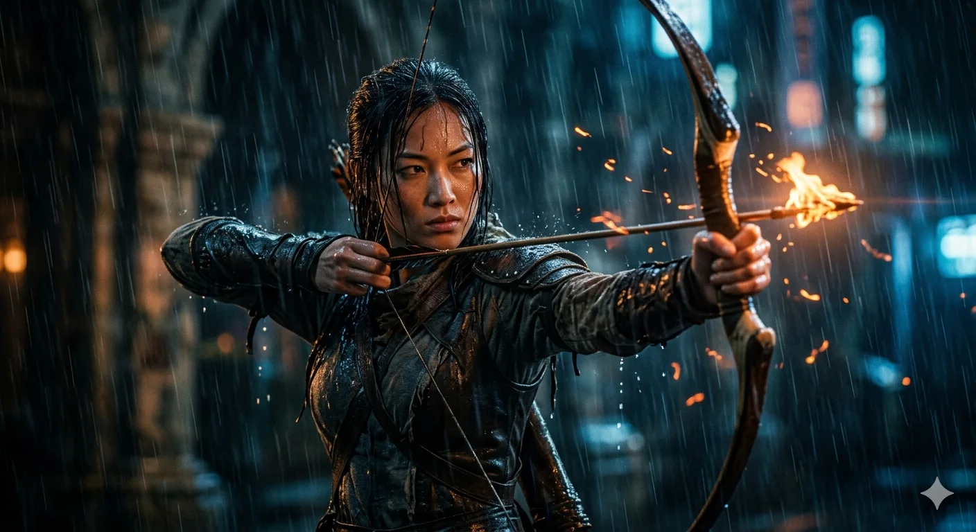 Fire Arrow of the Storm Huntress: Cinematic Rain-Soaked Dark Fantasy Archer