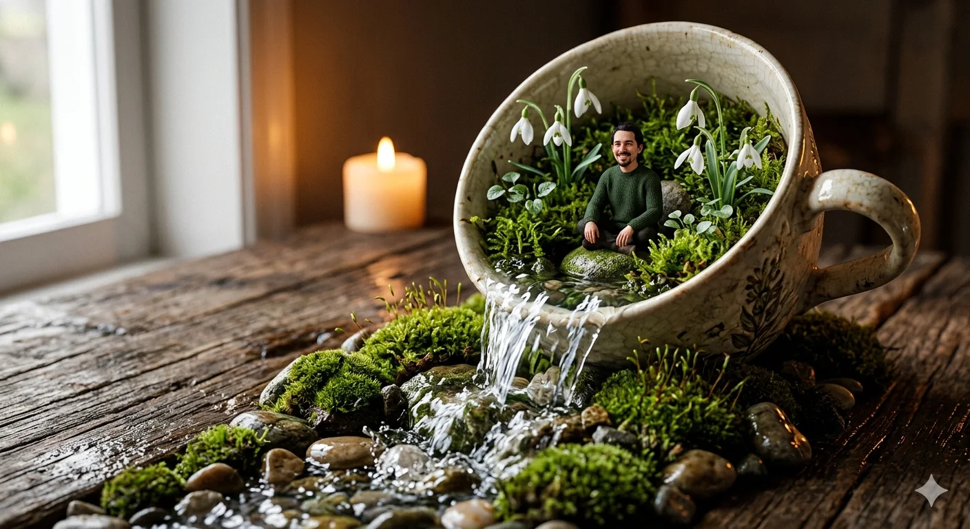 TEACUP WORLD: Miniature Ecosystem Waterfall Macro Fantasy Scen