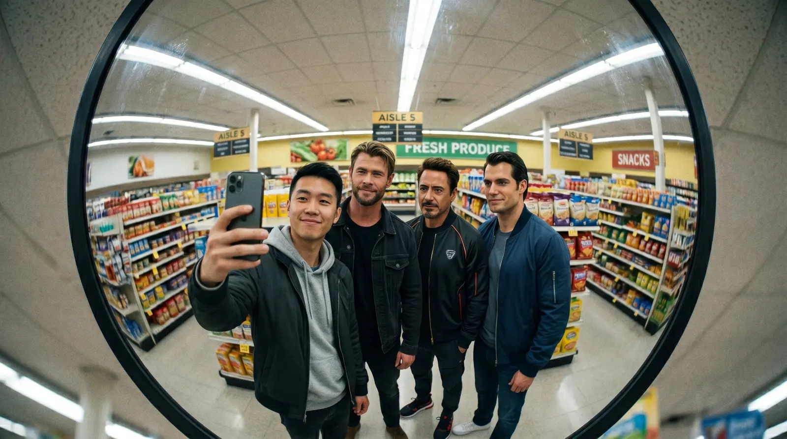 Supermarket Multiverse — Fisheye Heroes Selfie