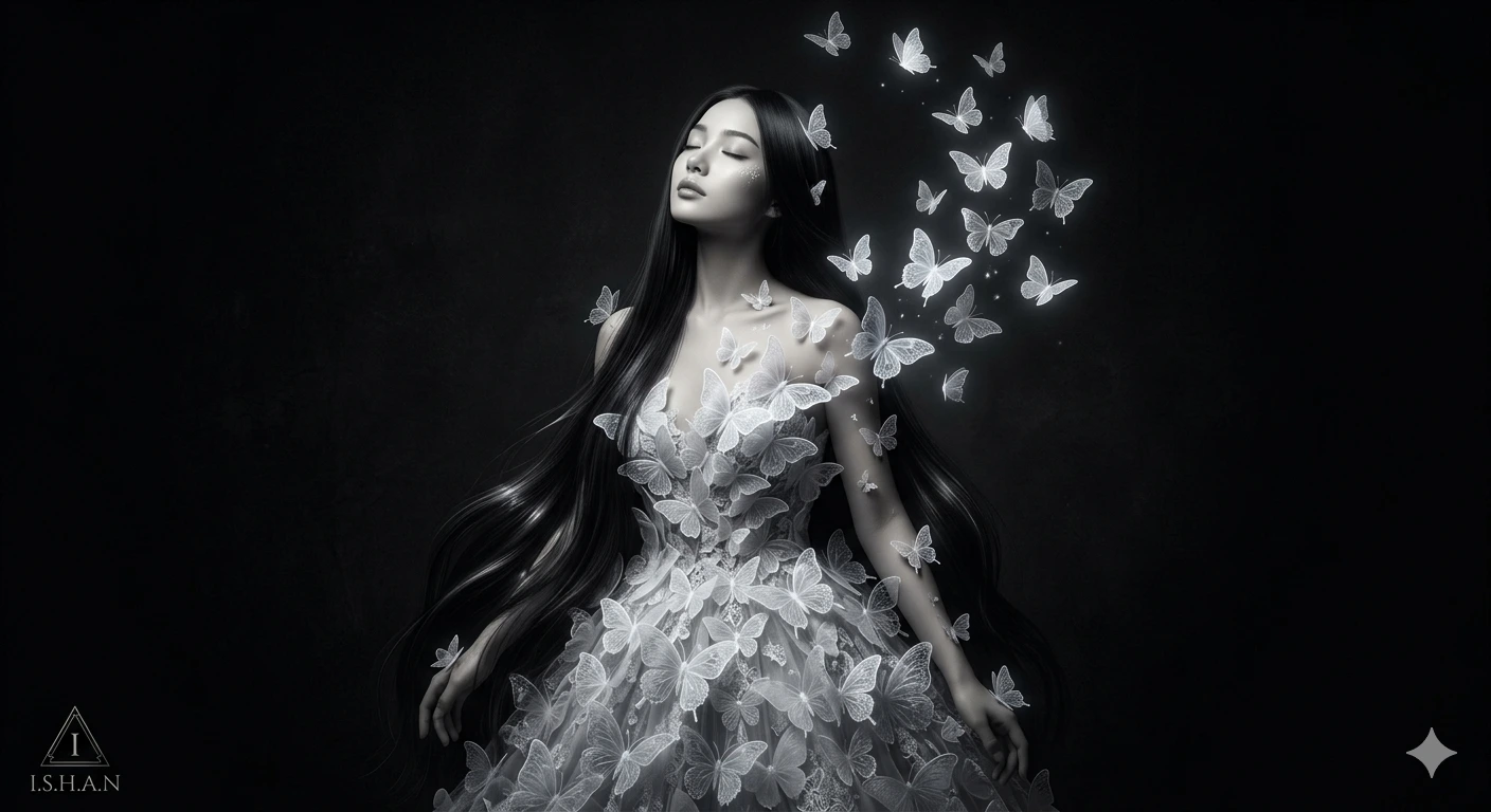 MOONLIT BUTTERFLY ASCENSION: Ethereal Dark Fantasy Transformation Portrait