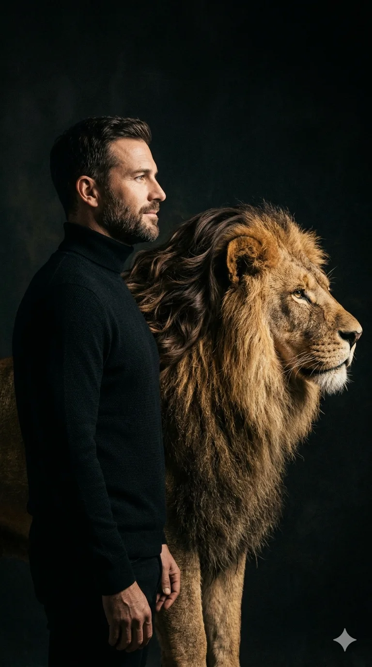 SYMBIOTIC ROAR: Human and Lion Unity Portrait
