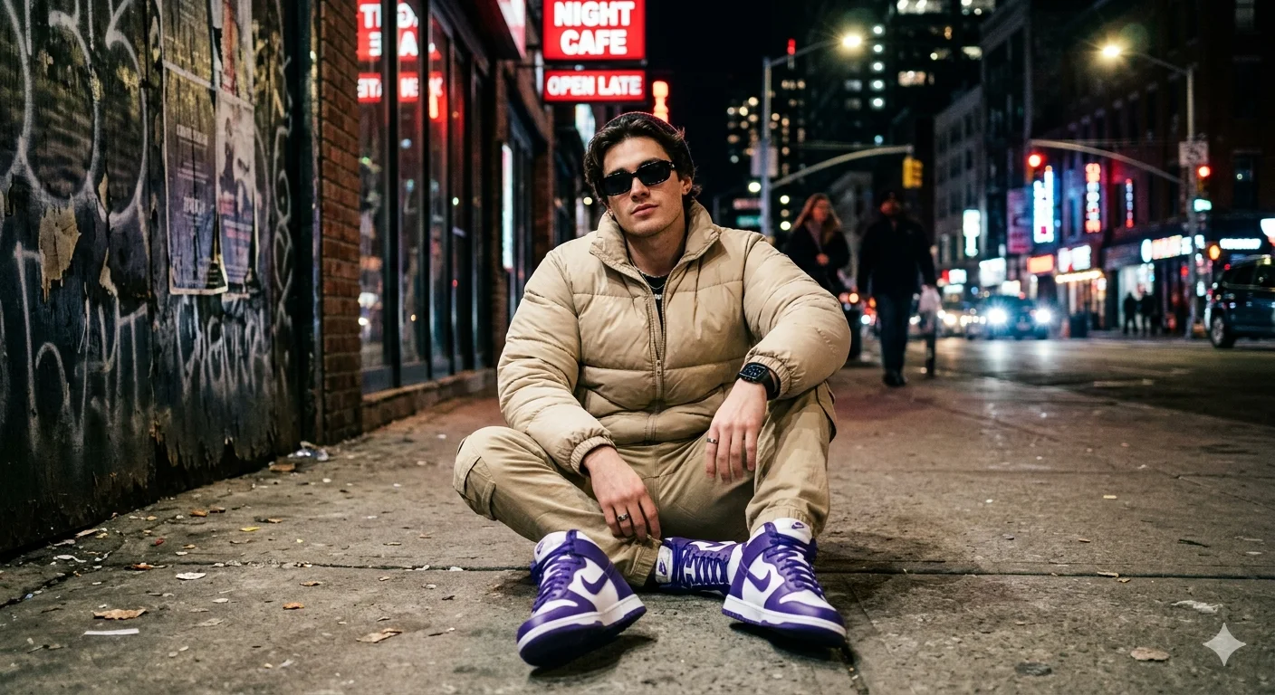 NEON SIDEWALK LUXE: Night City Editorial Street Portrait