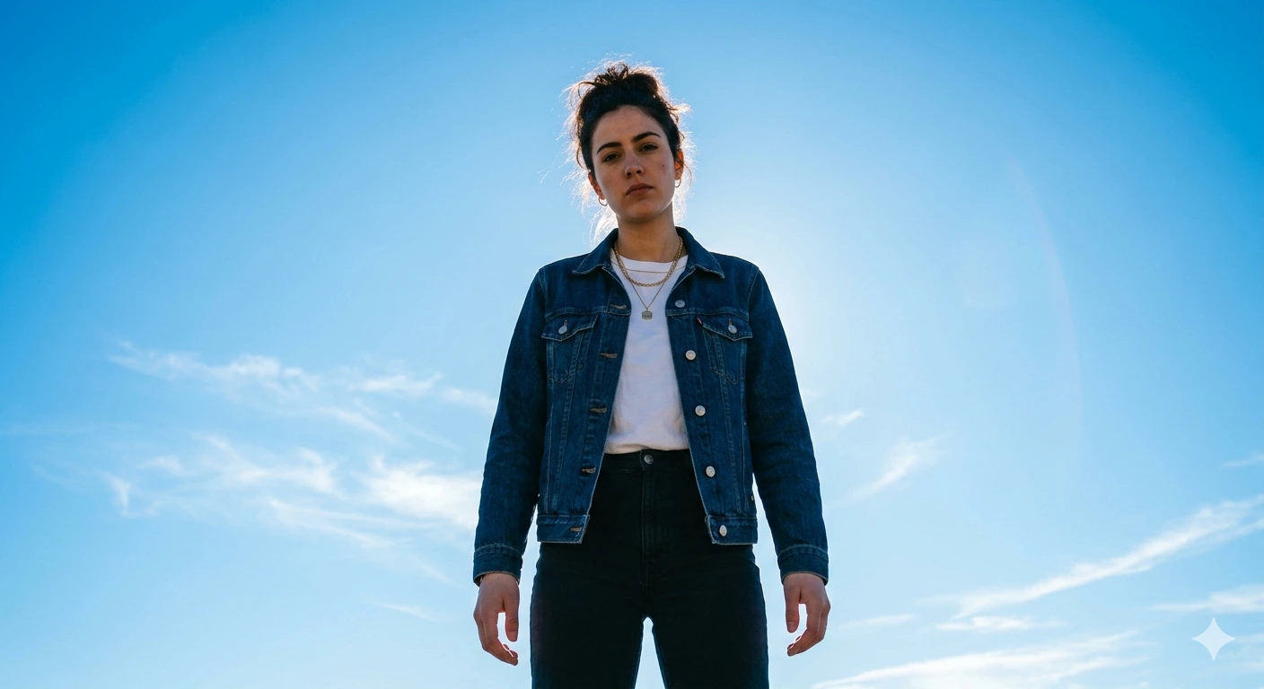 Sky Power Portrait ☀️: (Cinematic / Low-angle / Outdoor Portrait)
