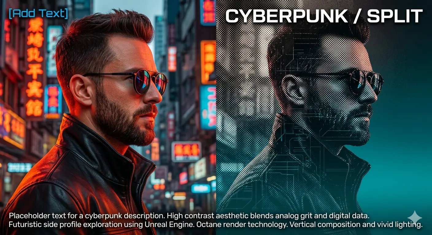 Neon Duality — Cyberpunk Split-Screen Portrait