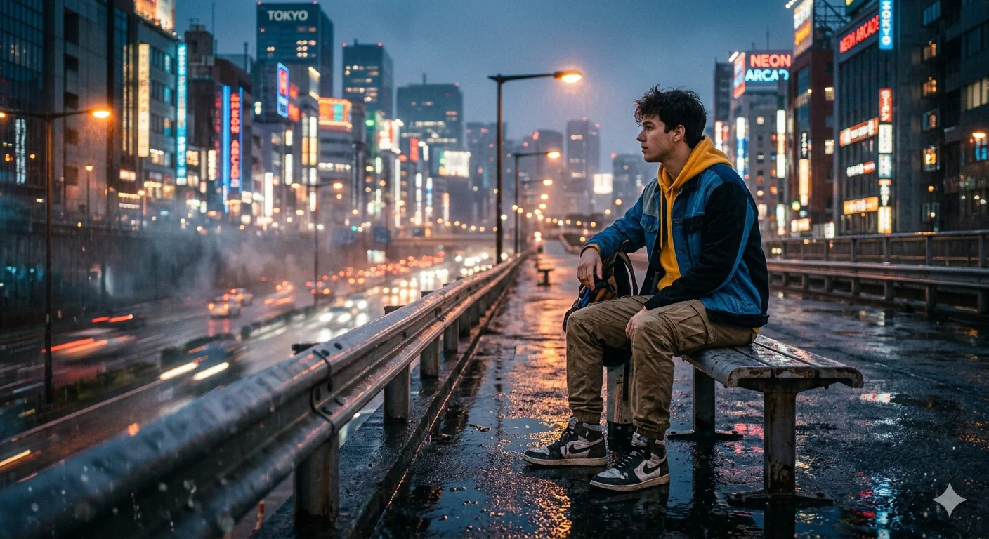 Neon Flyover Silence — Rainlit City Reflection