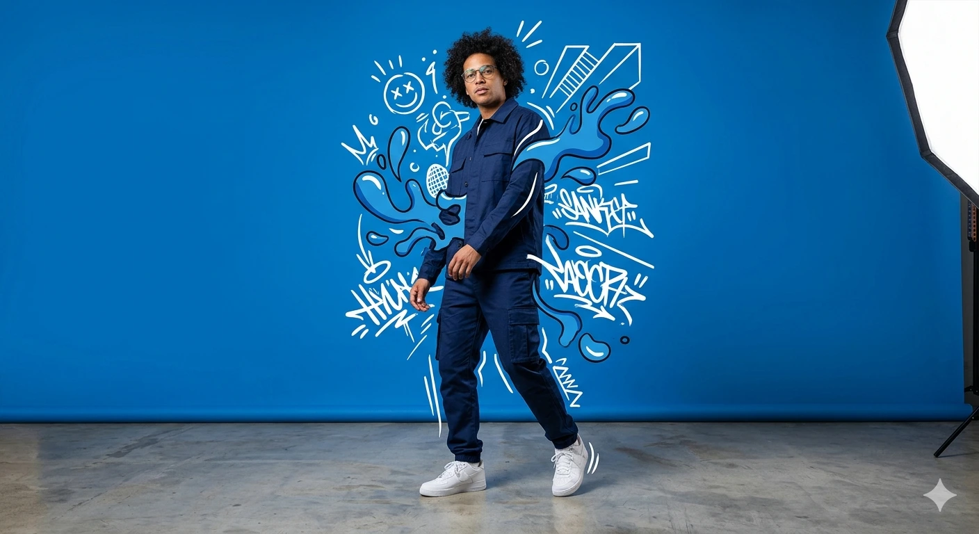 Blue Vector Street-Art Editorial Portrait