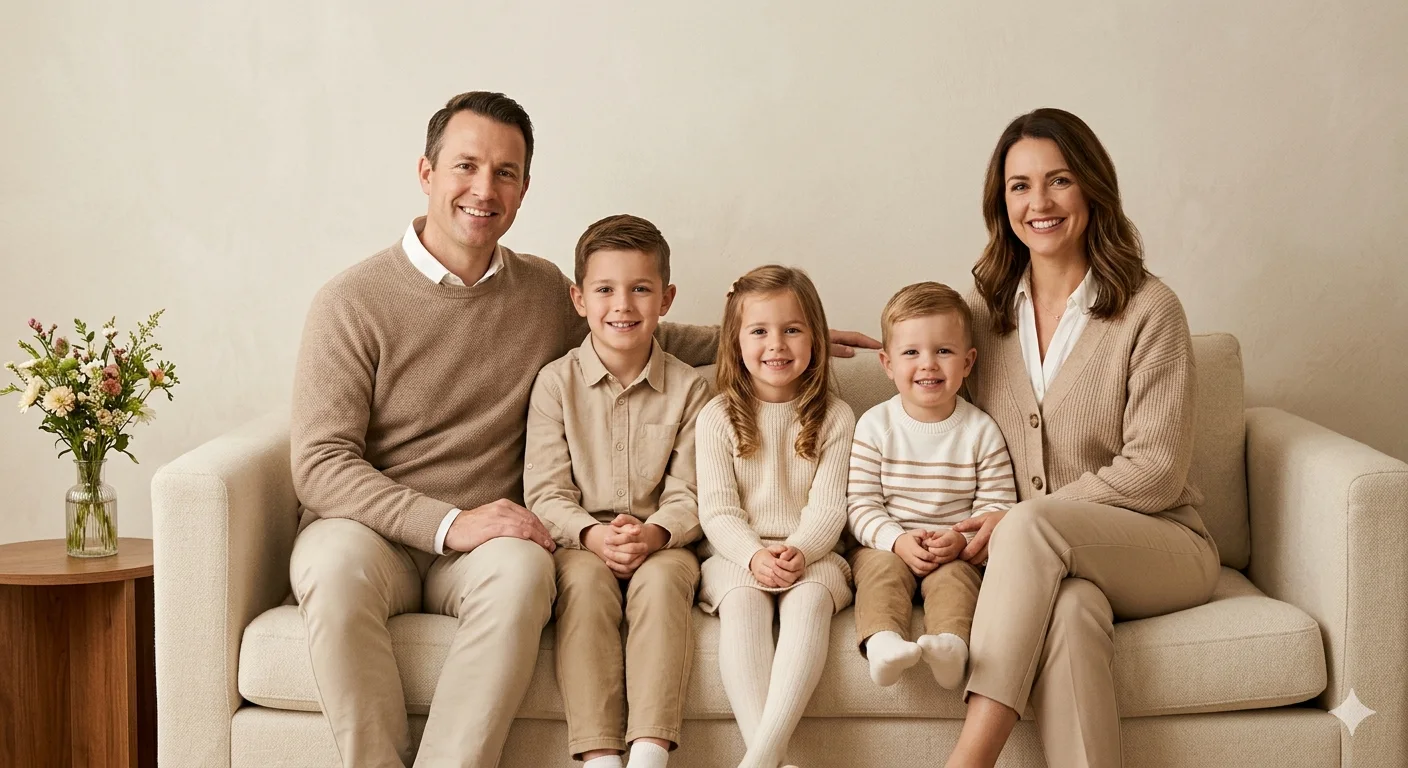 Studio Family Portrait – Warm Neutral Tones Family Sofa Session