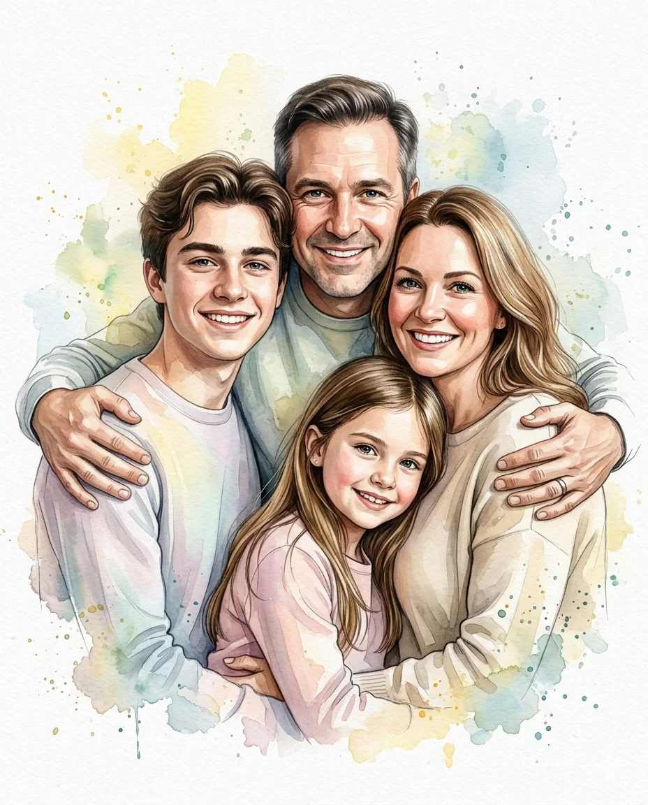 Watercolor Family Huddle Portrait – Mixed Media Fine Art Family Cluster