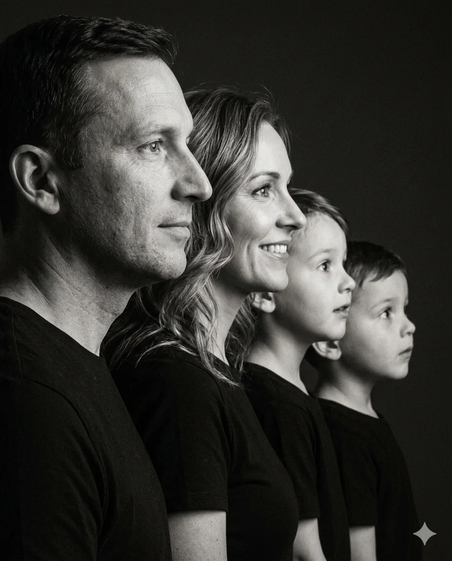 Timeless Legacy – Low-Key Black & White Family Side-Profile Portrait