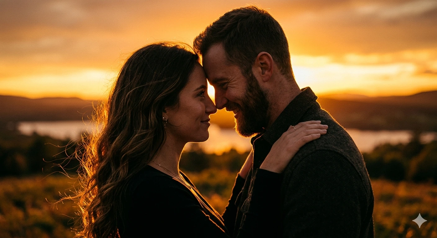 Golden Sunset Embrace – Romantic Forehead Touch Couple Portrait