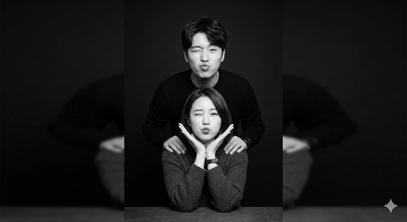 Playful Monochrome Duo – Stacked Couple Studio Portrait