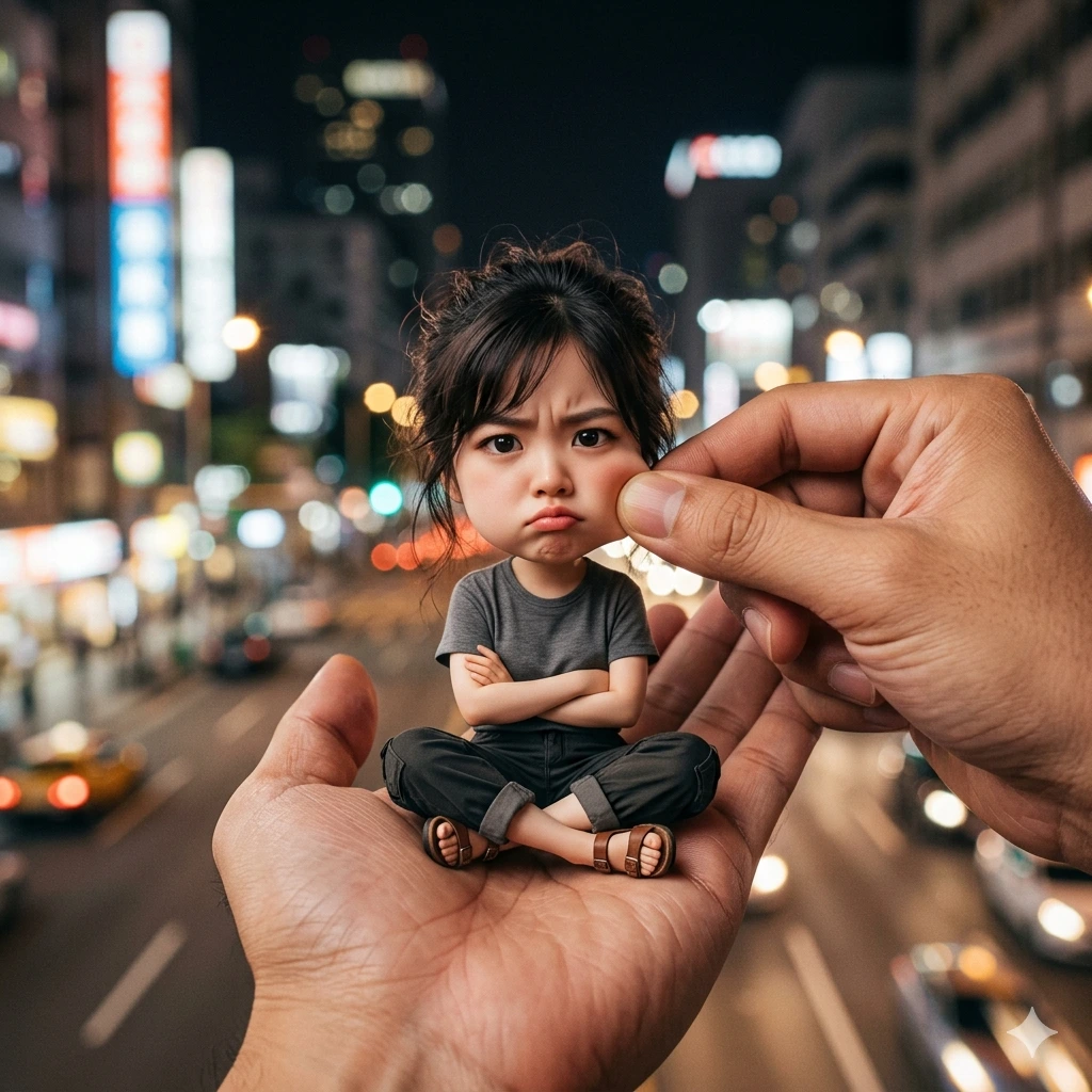 Pocket Mood – Cinematic Big-Head Miniature Portrait in Hand with Urban Night Bokeh