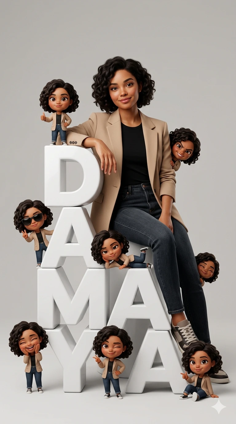DAMAYA – Cinematic 3D Fashion Editorial with Mini Chibi Character Collage