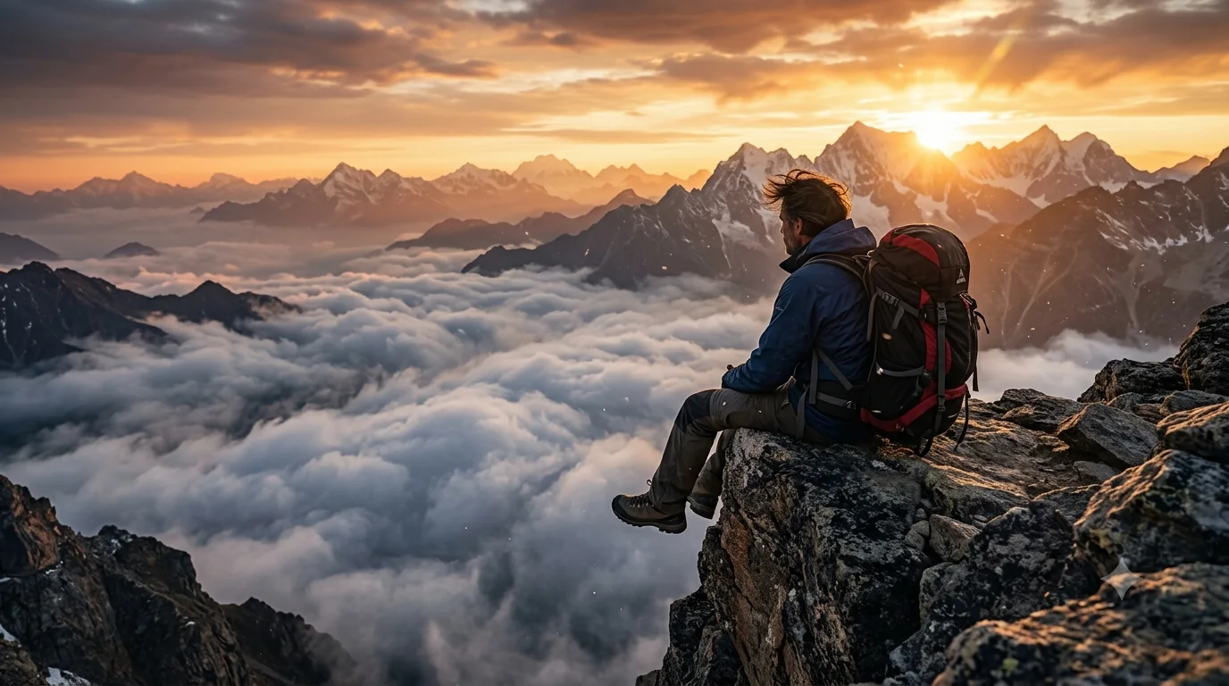 Edge of the Sky – Cinematic Mountain Ridge Sunset Adventure Portrait