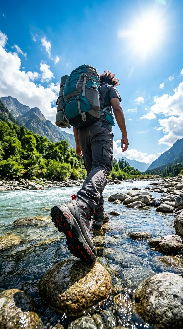 Wilderness Step – Dramatic Low-Angle River Crossing Hiker Adventure Shot