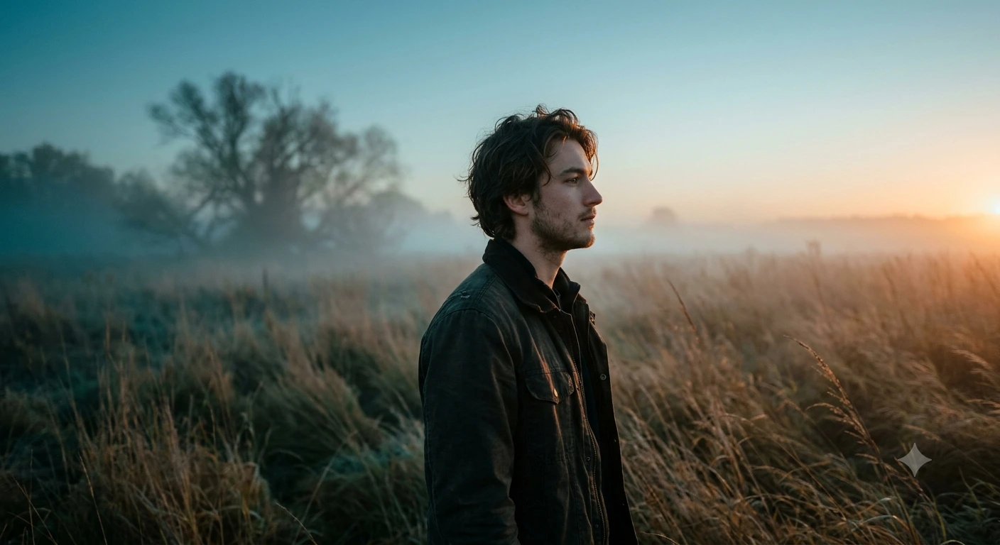 Dawn Solitude – Cinematic Teal & Orange Fog Field Portrait