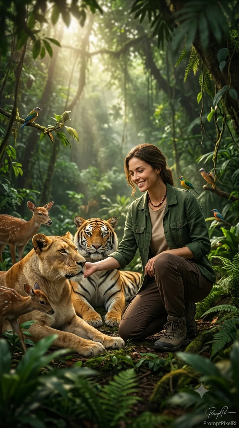 Jungle Harmony – Cinematic Wildlife Interaction Portrait with Sunlight Rays