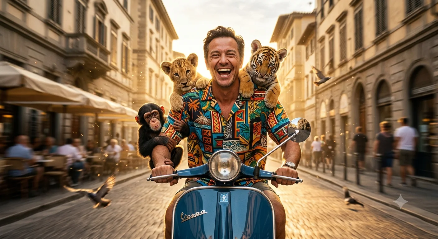 Golden Ride – Cinematic Vintage Scooter Journey with Playful Wildlife Companions