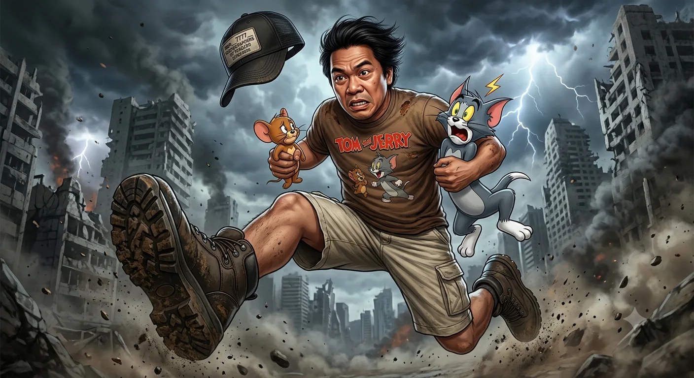 Apocalyptic Sprint – Cinematic Comic-Realism Action Portrait with Tom & Jerry Chase Scene