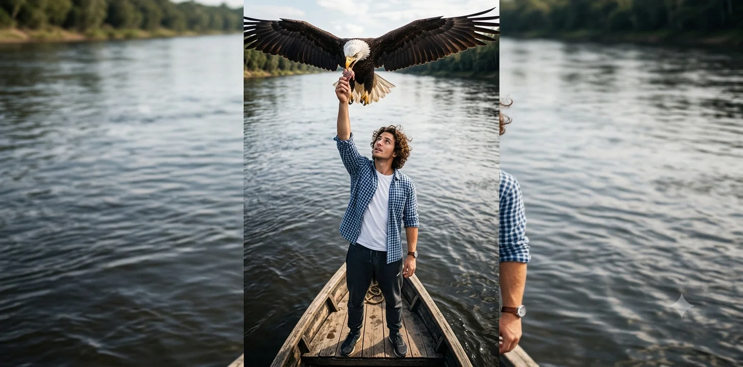 River Sentinel – Cinematic Bow-of-Boat Eagle Feeding Portrait
