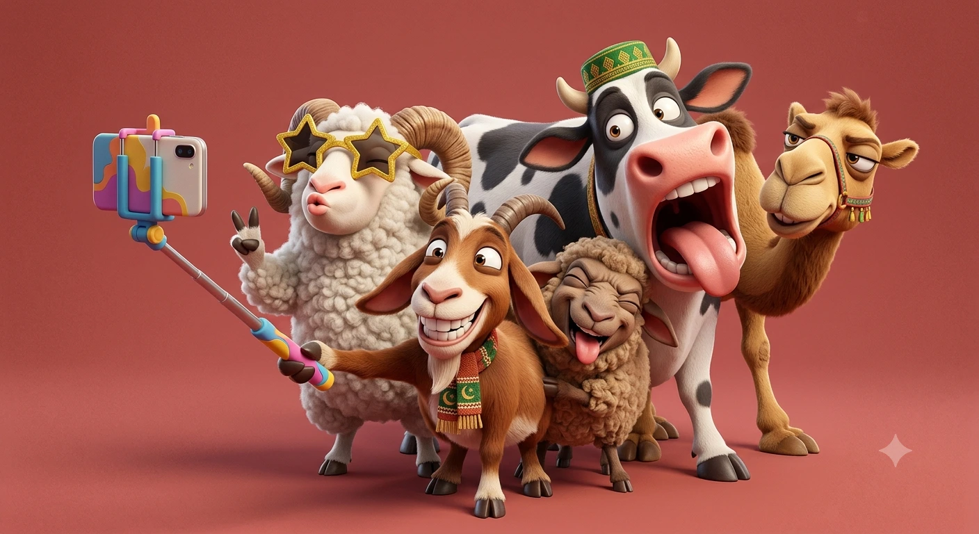 Eid Crew Selfie – Premium 3D Cartoon Animal Group Portrait on Red Studio Background