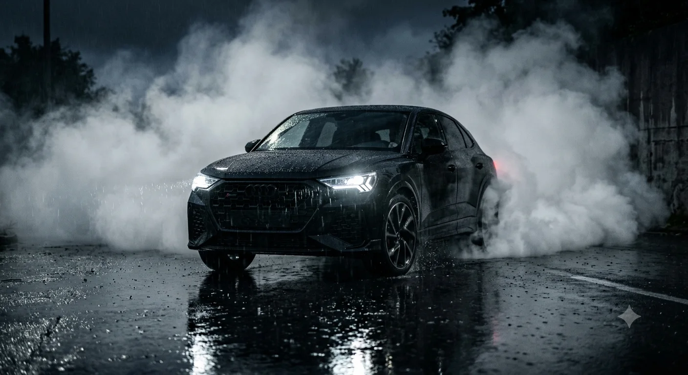 Midnight Storm Pursuit – Cinematic Black SUV Emerging Through Smoke on Wet Asphalt