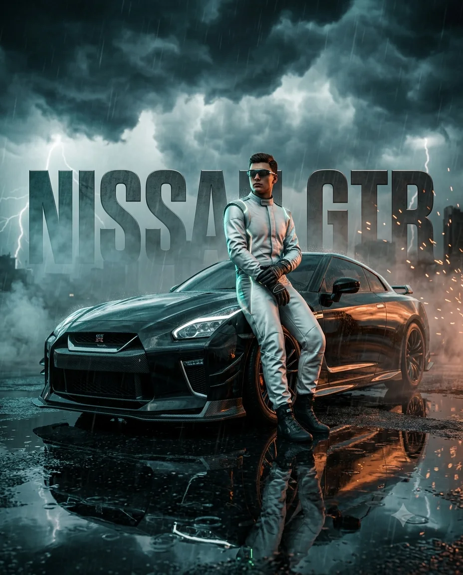 NISSAN GT-R Dystopian Racer – Cinematic Storm Motorsport Poster