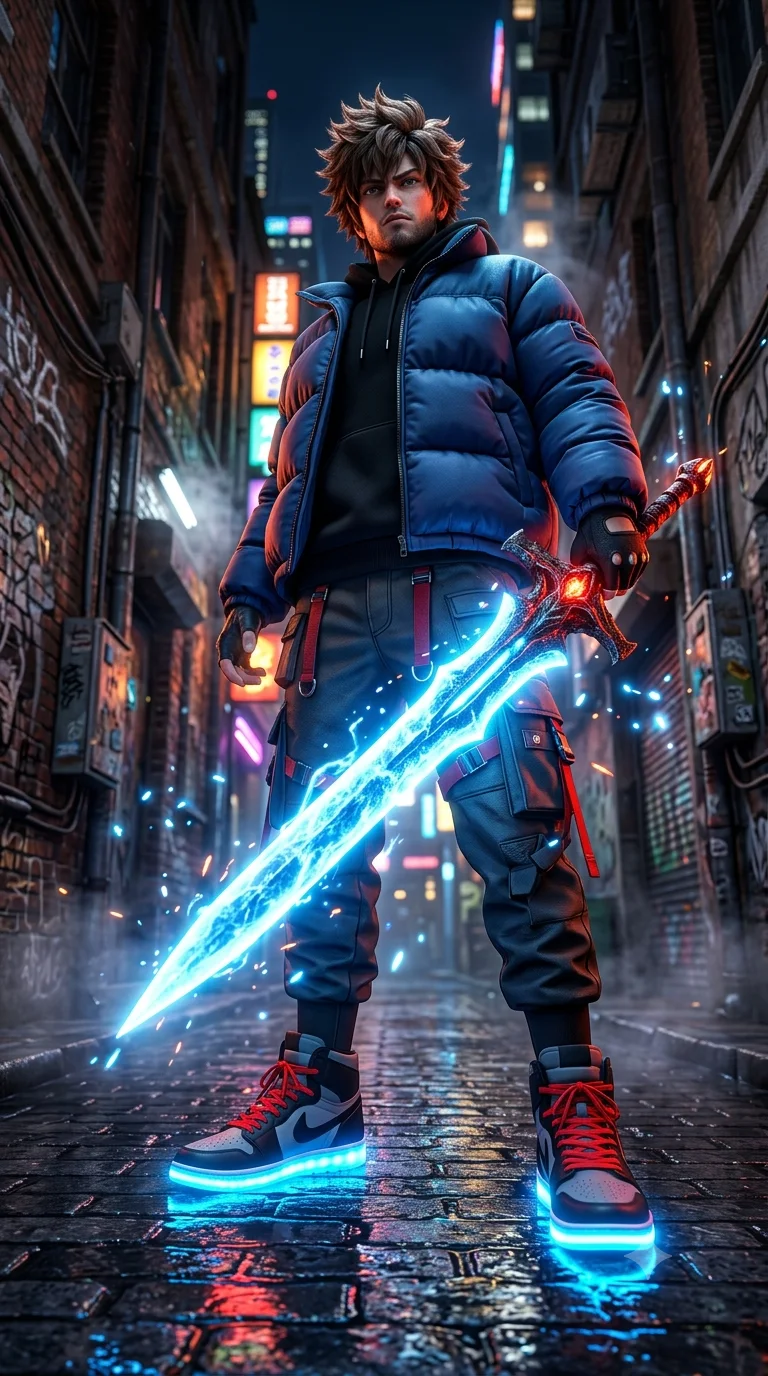 Neon Alley Warlord – Worm’s-Eye Cyberpunk Sword Portrait in Rain-Soaked City