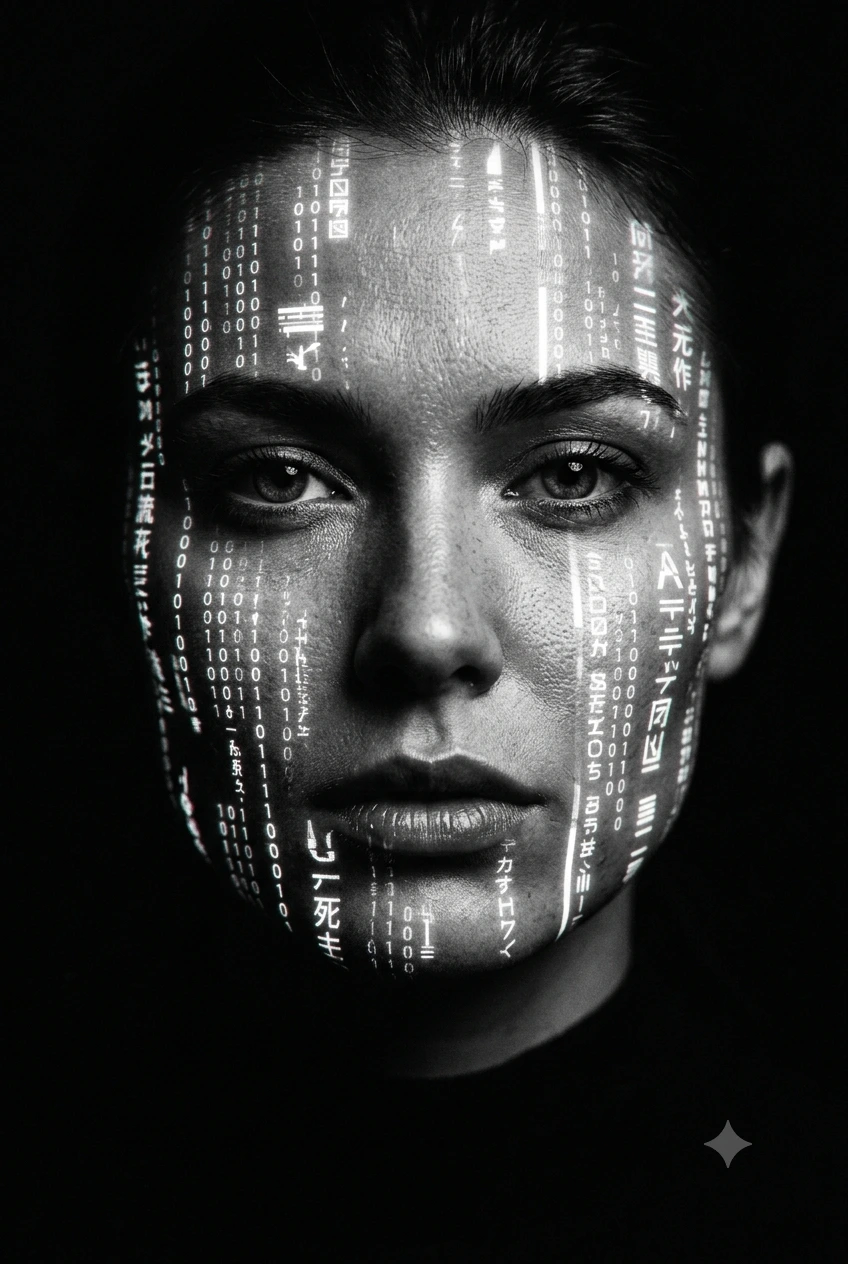 Ghost in Code – Cinematic Black & White Cyberpunk Chiaroscuro Portrait