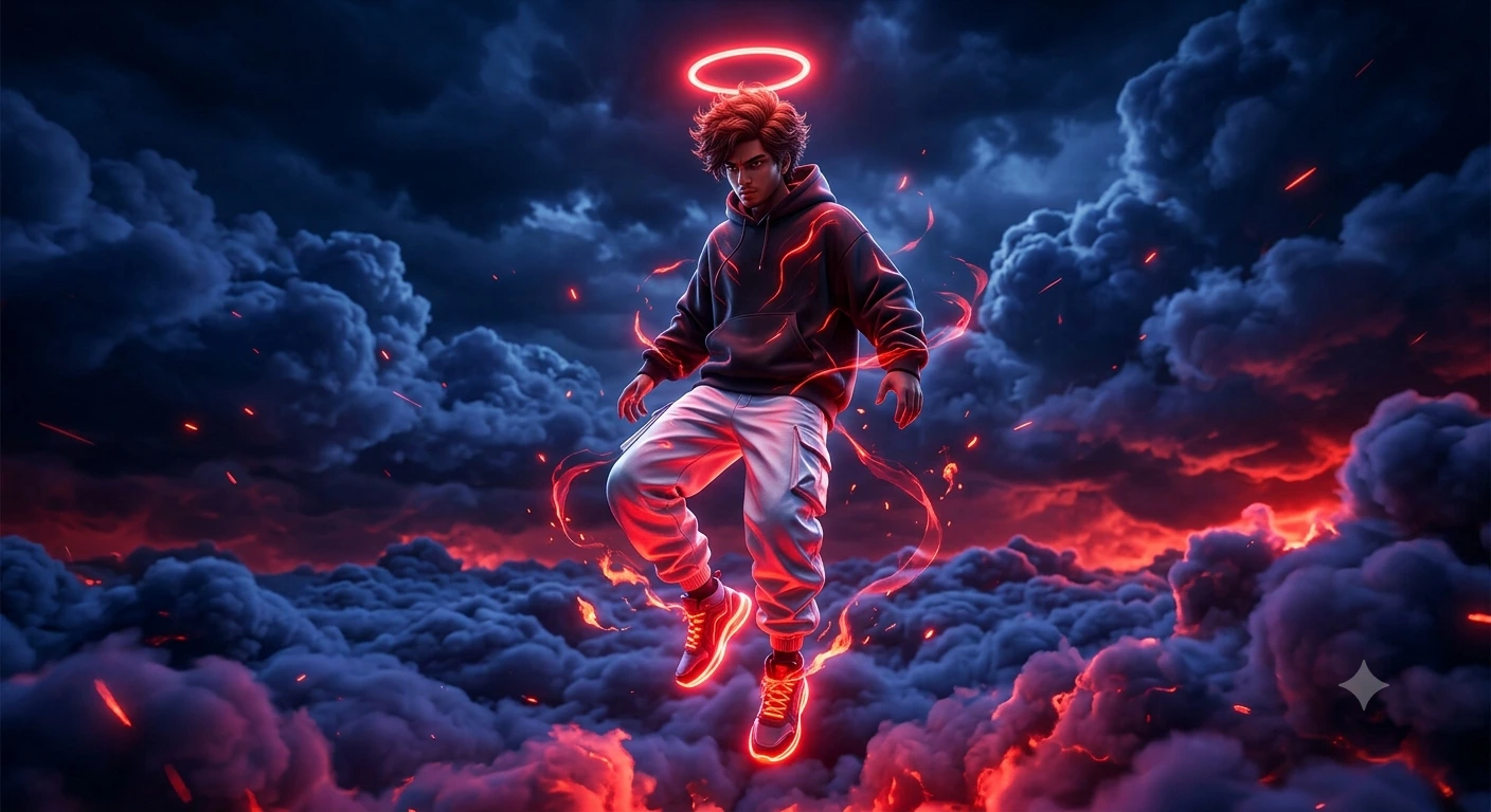 Crimson Ascension – Cinematic Cyberpunk Floating Figure Above Cloudscape
