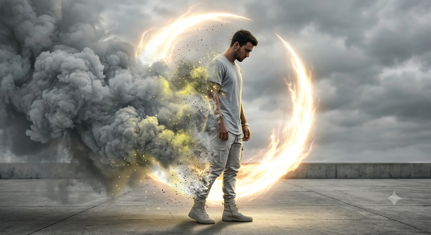 Fading Into Light – Cinematic Disintegration Portrait in Golden Crescent Aura