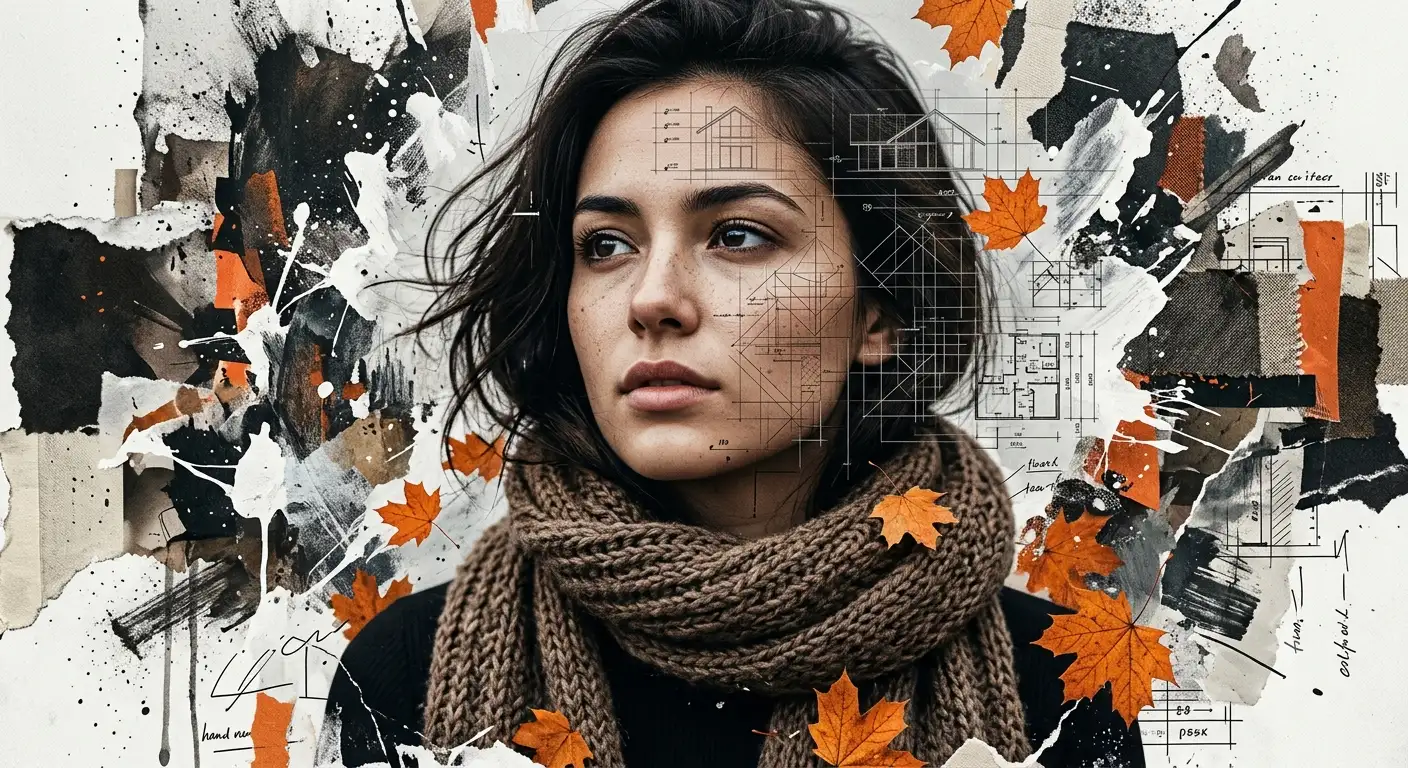 Blueprint Autumn – Cinematic High-Fashion Collage Portrait with Architectural Overlay