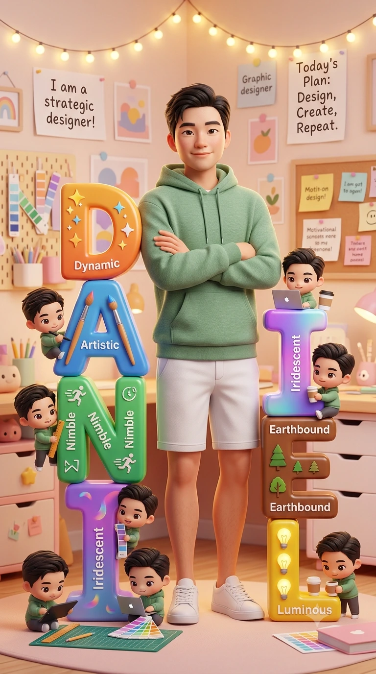 DANIEL – Cozy Pastel Designer Room with Pixar-Style Chibi Creative Collage Portrait