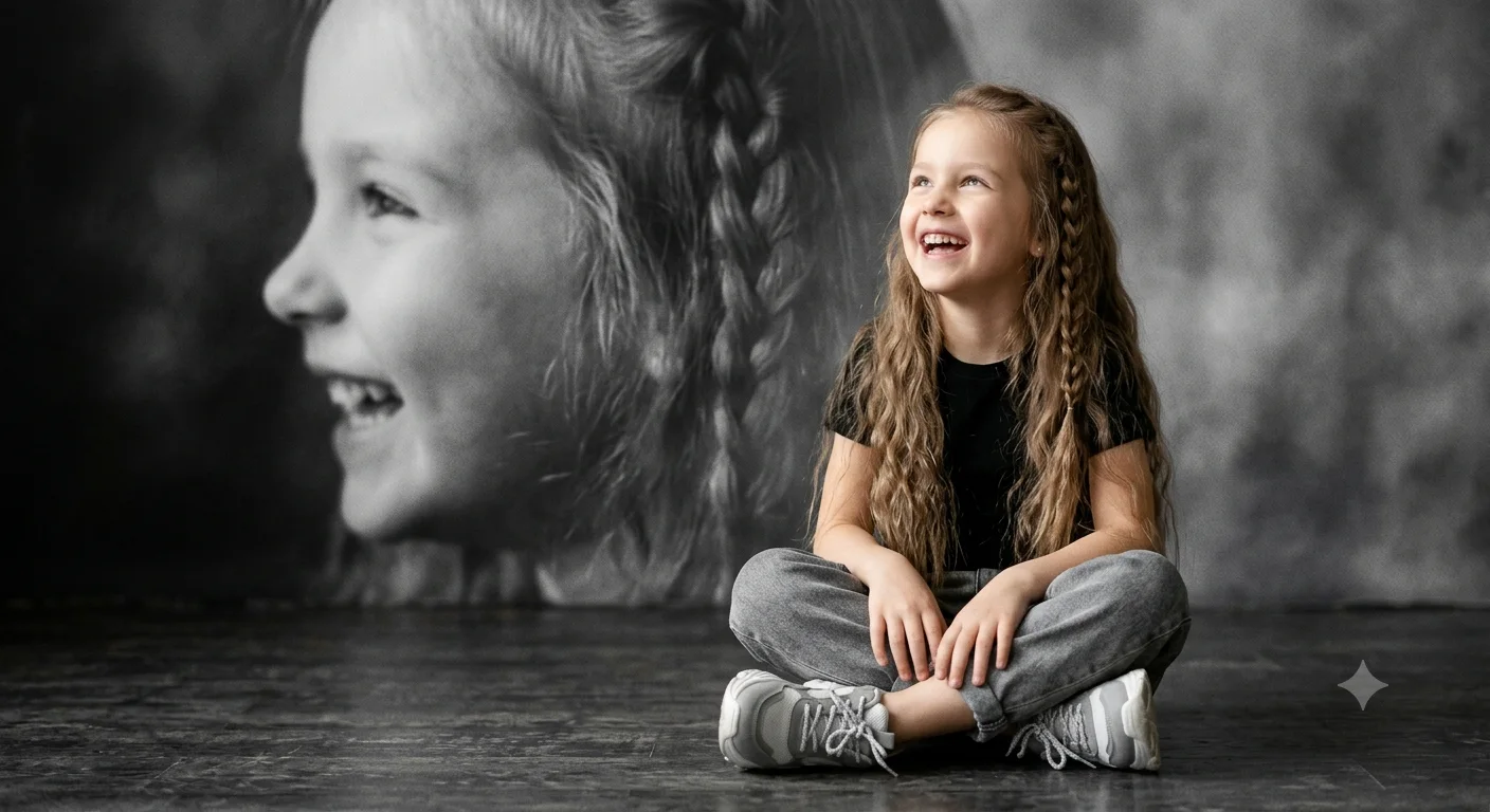Monochrome Dream Seat – Artistic Portrait of Laughing Girl with Dual Face Composition