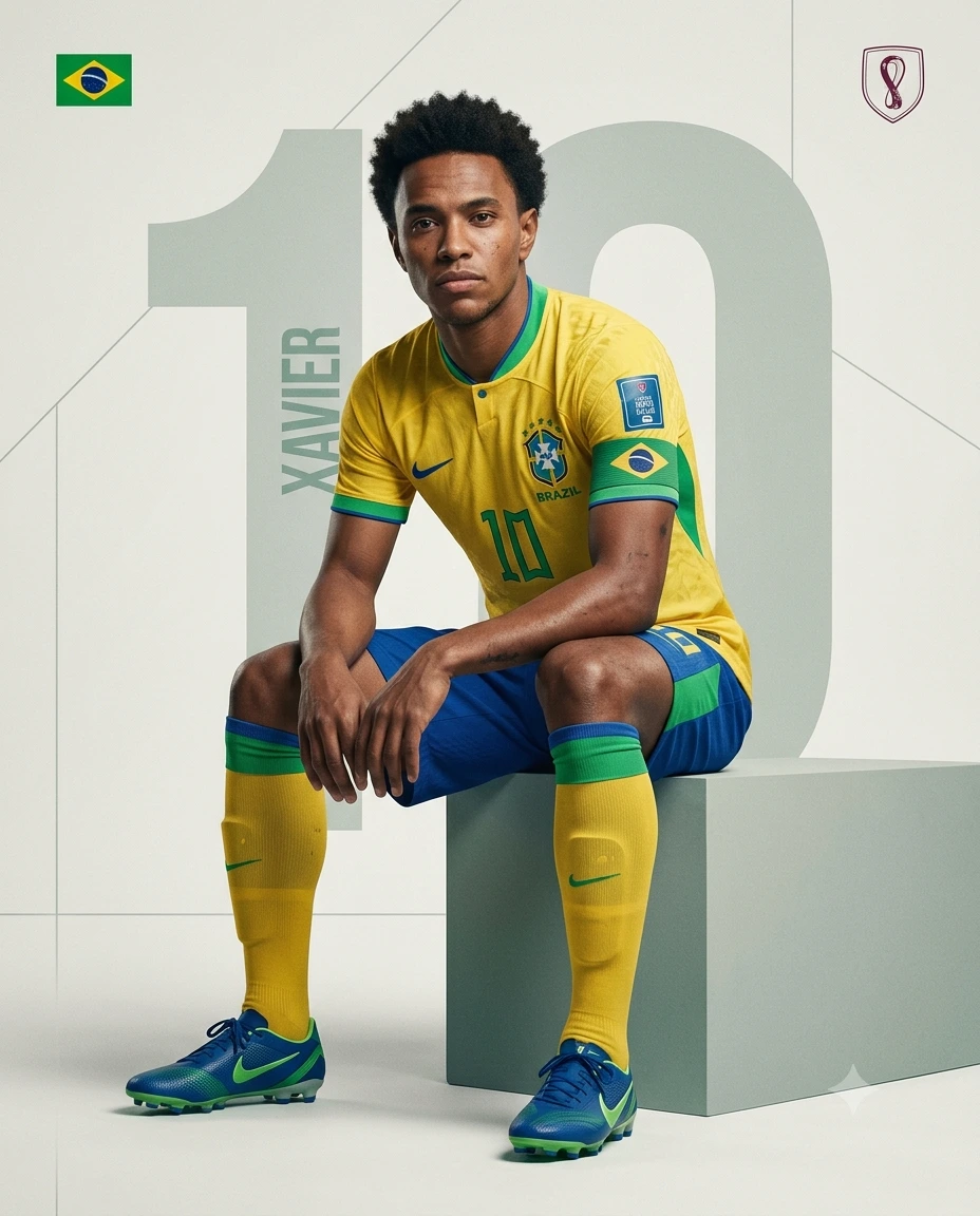 BRAZIL 10: Ultra-Realistic FIFA World Cup 2026 Editorial Football Poster – “Xavier” Campaign Portrait