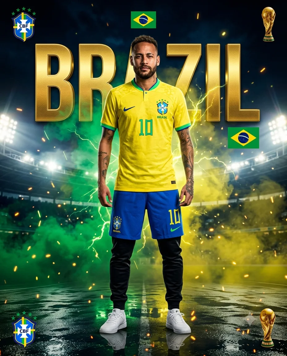 BRAZIL 10: Ultra-Realistic Cinematic Stadium Portrait – “World Class Football Legacy” Poster