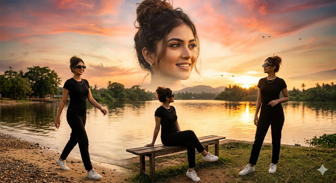 Golden Hour Riverside Multi-Exposure Fashion Portrait