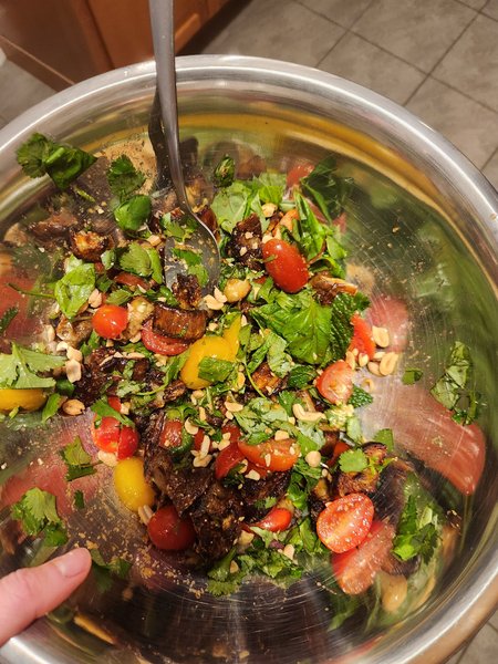 crispy eggplant salad with tomatoes and herbs
