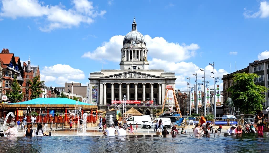 Old Market Square in Nottingham during the summer.