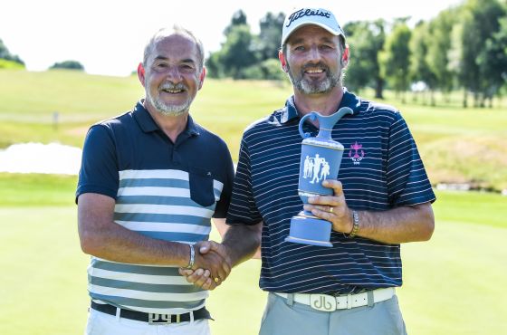 Nigel Sweet and David Shacklady with Senior Masters trophy at Leeds Golf Centre