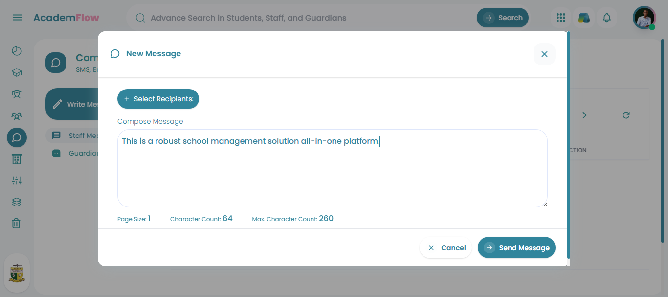 SMS, Email and In-app messaging system.
