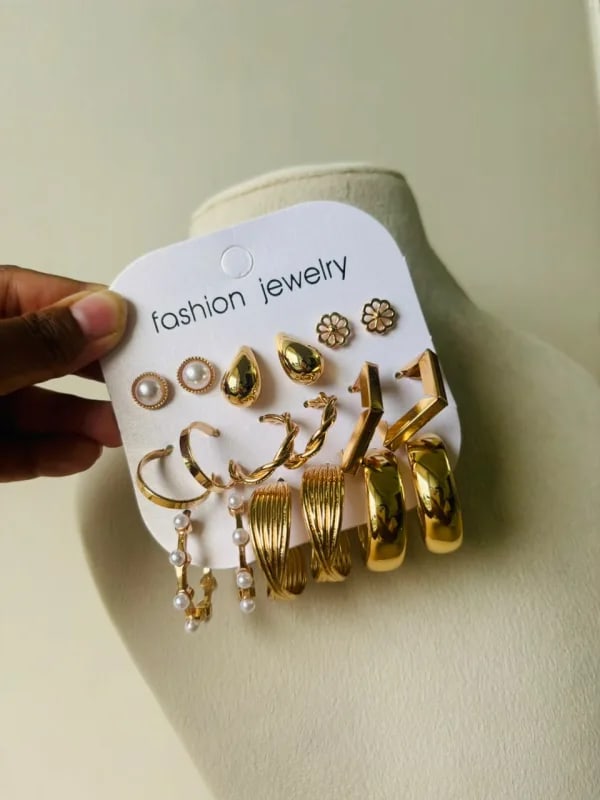 Korean Fashion Gold Hoop Earrings Combo Set Of 9 Pair thumbnail 3