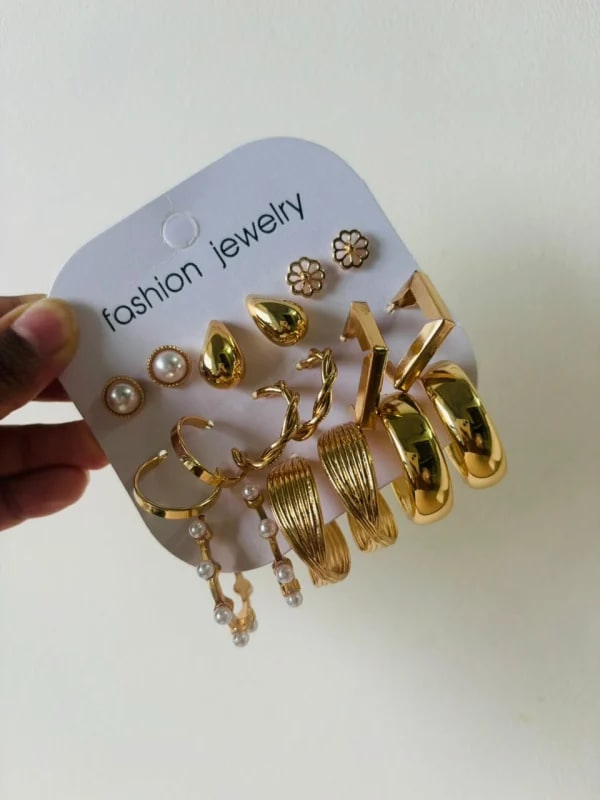 Korean Fashion Gold Hoop Earrings Combo Set Of 9 Pair