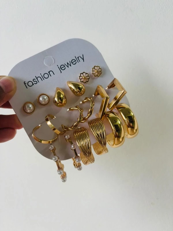 Korean Fashion Gold Hoop Earrings Combo Set Of 9 Pair thumbnail 2