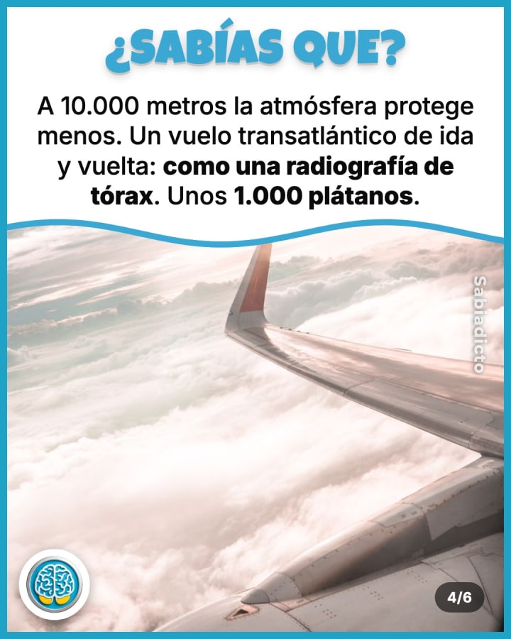 A 10.000 metros la atmósfera protege menos. Un vuelo transatlántico de ida y vuelta: como una radiografía de tórax. Unos 1.000 plátanos.